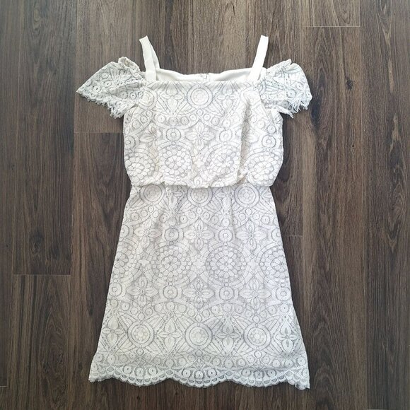 💙 Adrianna Papell Eyelet Lace Open Shoulder Cap Sleeve Lined Dress Size 6 - Picture 11 of 11